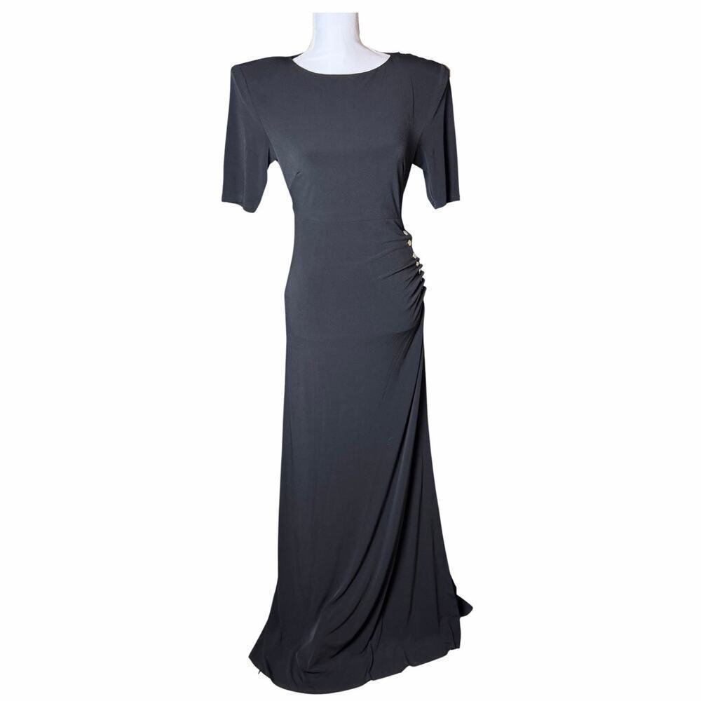 Retrofete Black Maxi Formal Dress Gold Side Snaps Cut Out Back Party Women’s